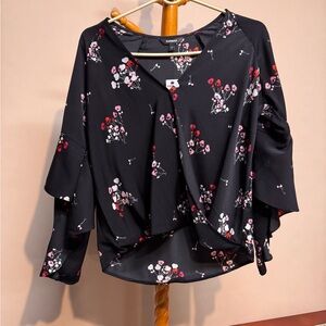 Women’s Express Black Floral Wrap Blouse with Pink & Red Blossoms for Spring
